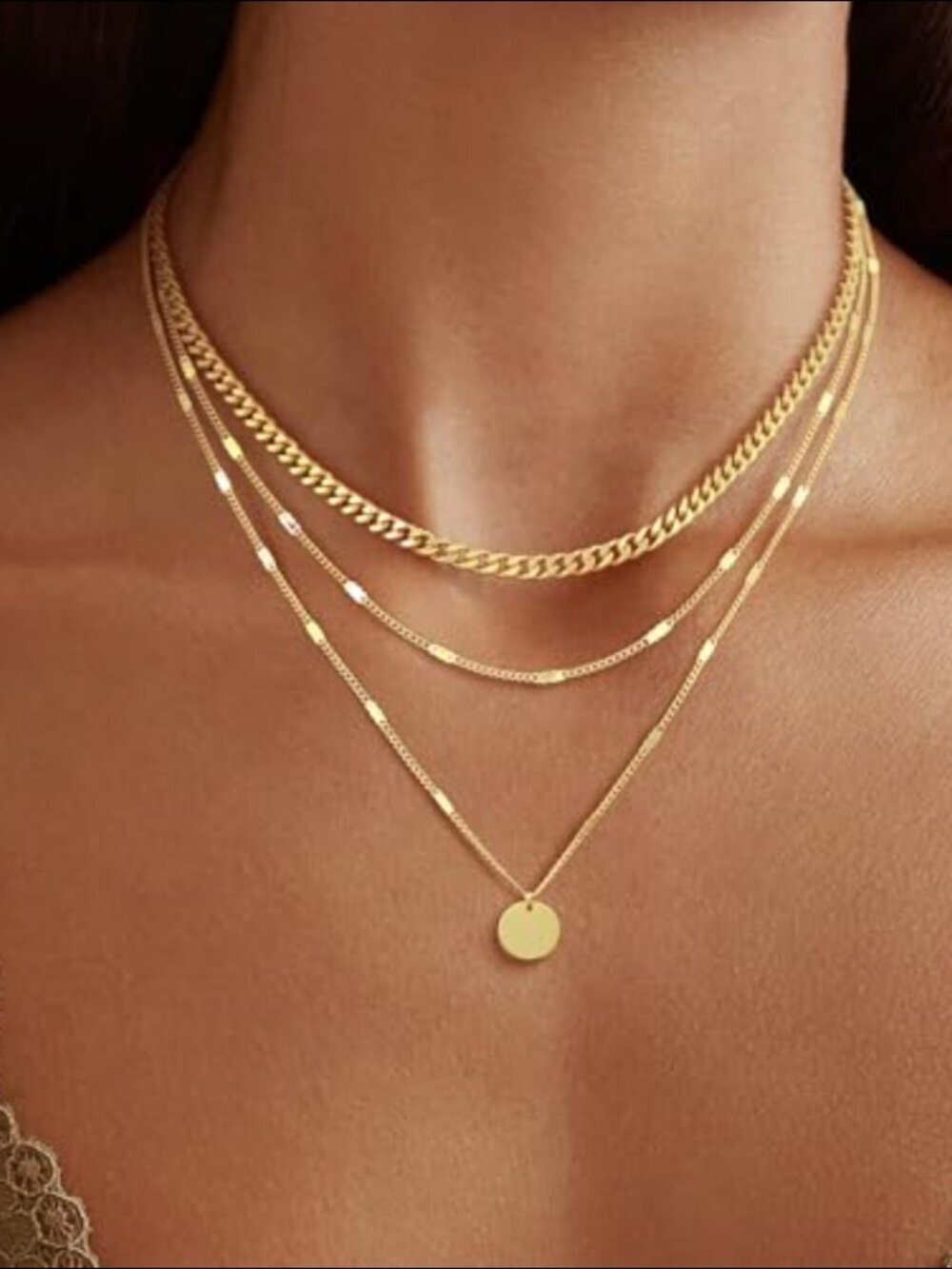 14K Yellow Gold Layered Necklace Set Cuban Link Snake Chain Paperclip Twisted - Picture 2 of 4